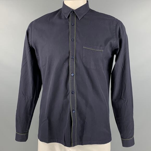 L.Y ADAMS Size L Navy Green Contrast Trim Cotton Long Sleeve Shirt